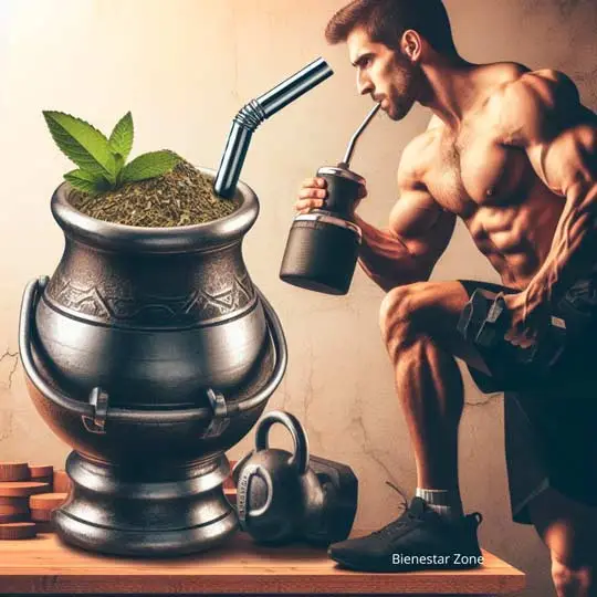 Mate de metal con bombilla de metal, hoja de yerba mate, hombre musculoso haciendo ejercicio con pesas bermuda y zapatilla deportiva negra y tomando mate, bebida energética beneficiosa para la salud.
