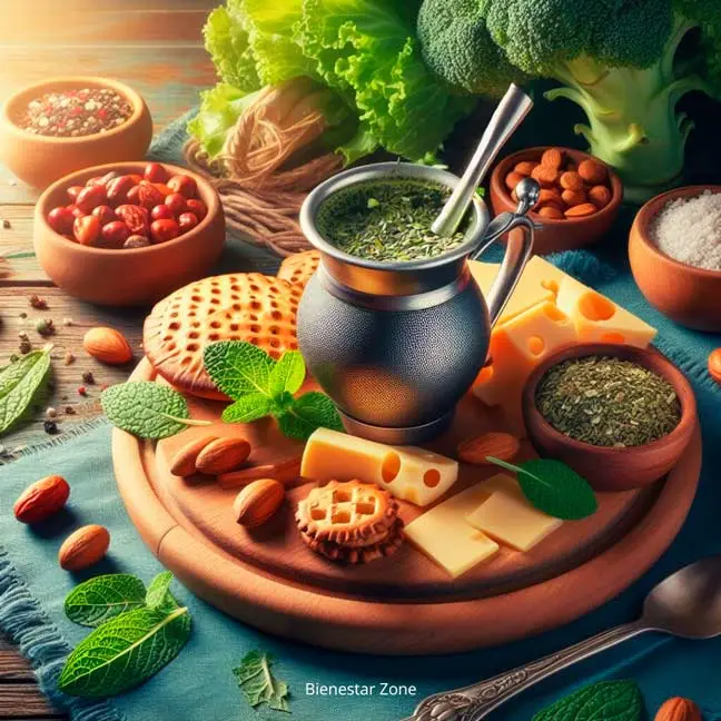 mate de metal con beneficios de la yerba mate y agua caliente, recipiente de arcilla y contenedor de yerba mate, verduras, galleta saludables, arroz, lechuga, tomate Cherry, queso, brócoli y hojas de yerba mate