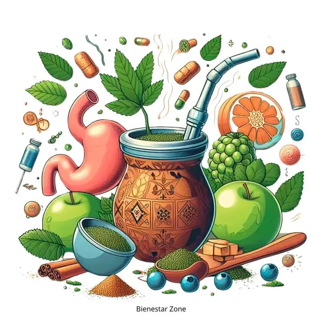 Mate con Yerba mate, manzana verde, canela, recipiente, cuchara conteniendo yerba mate, frutas, cirrus, naranja, estómago, medicamentos, pastillas, beneficios de la yerba mate en la salud y bienestar