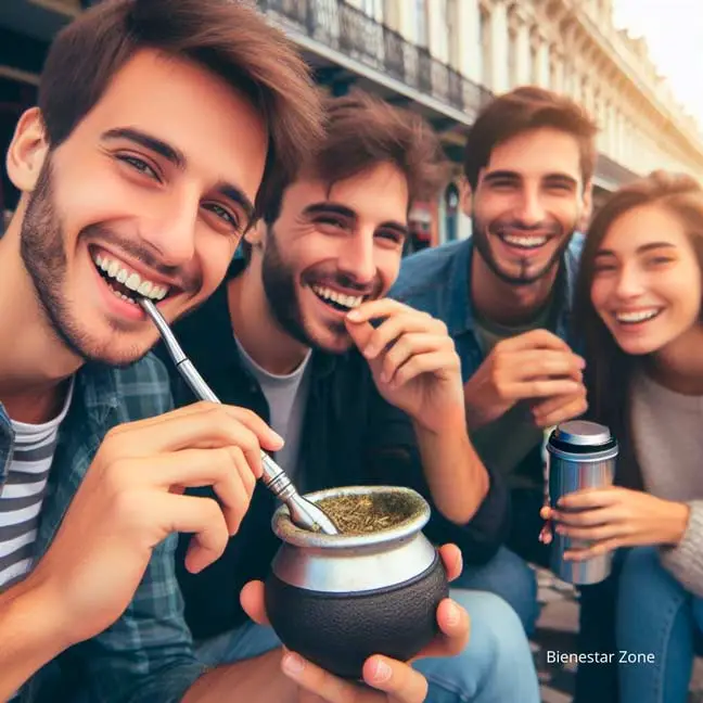 Amigos tomando mate, sonrientes, ciudad de Buenos Aires, mate de metal con conteniendo yerba mate, sociabilizar entre amigos, jóvenes, beneficios de la yerba mate también es salud y sonreír parte del bienestar