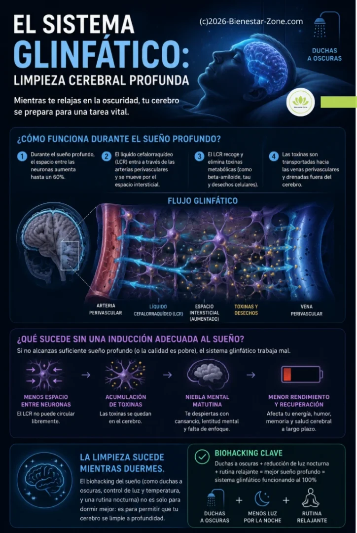 Infografía del sistema glinfático y su relación con el sueño profundo y la limpieza del cerebro