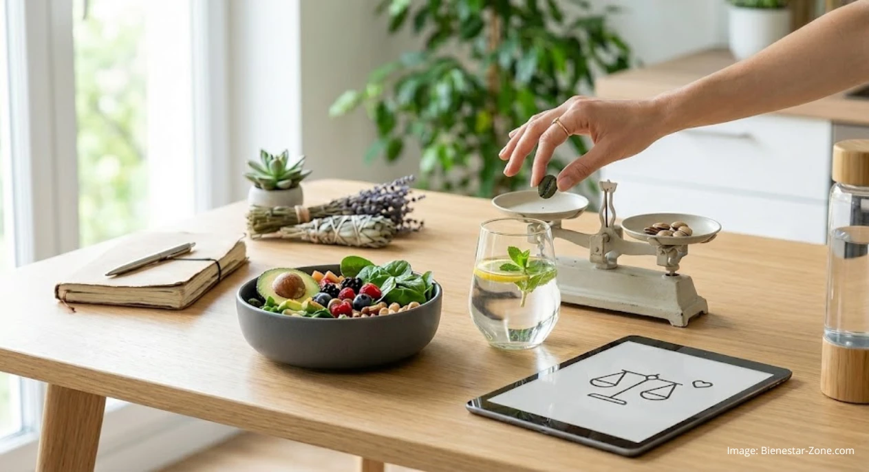 Composición de balance de bienestar con balanza analógica, tazón de ensalada fresca, agua con limón y una mano de mujer joven y moderna, ilustrando el cálculo de calorías diarias.