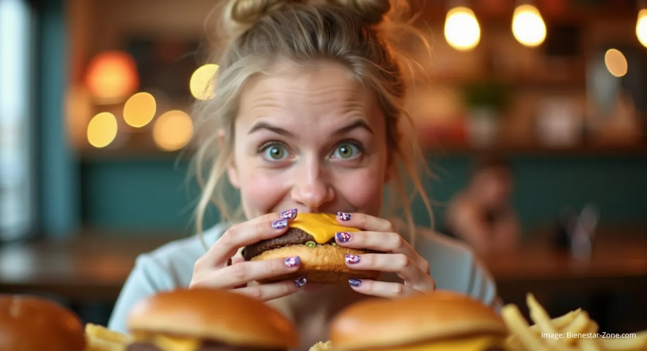 mujer rubia comiendo compulsivamente hamburguesas- Trastorno alimenticio