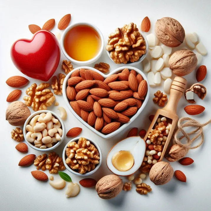 Potes con frutos secos, nueces, almendras, avellanas y un corazon sano como símbolo de reducción del colesterol malo
