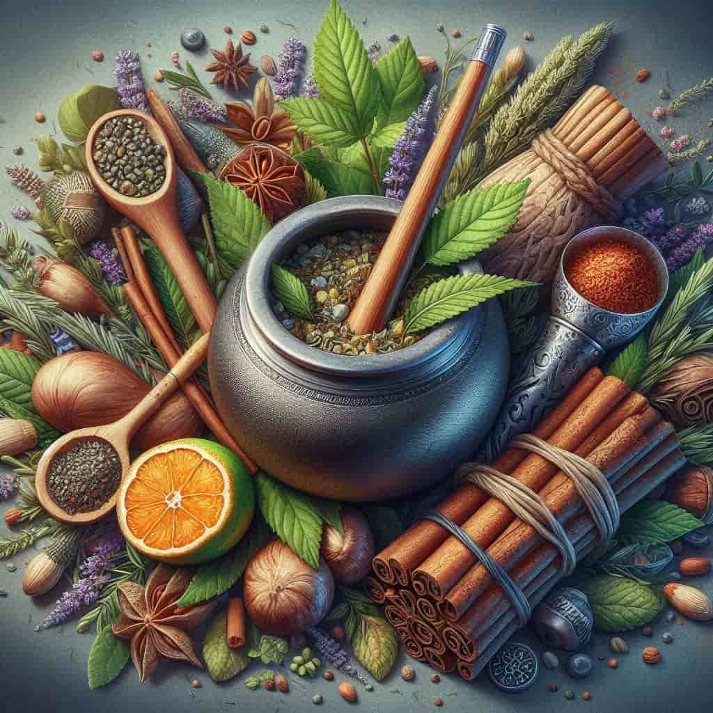 frutas-hiervas medicinales para la salud-beneficios adicionales sumados a la yerba mate, plantas verdes, mate, bombilla, especies, canela, naranja