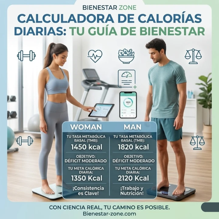 Infografía de Bienestar Zone comparando el cálculo de la tasa metabólica basal y metas calóricas para hombres y mujeres, ilustrada con dos personas usando básculas digitales y tecnología de salud en un entorno de gimnasio.