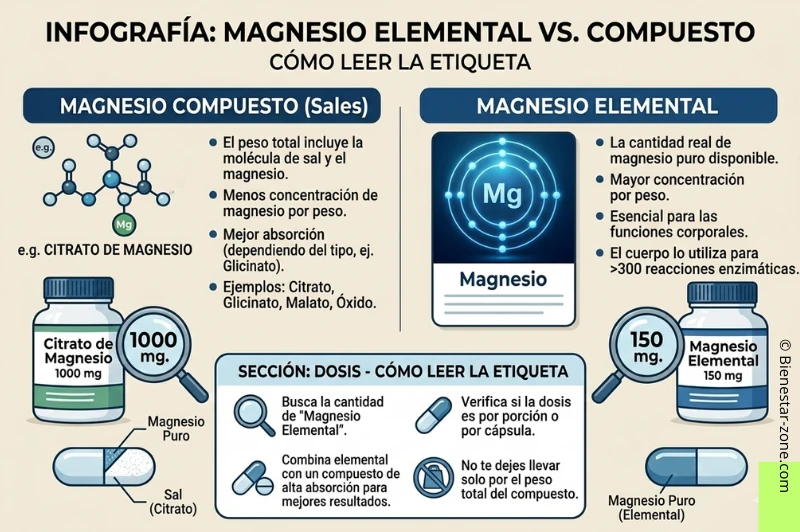 magnesio elemental vs compuesto cómo leer la etiqueta
