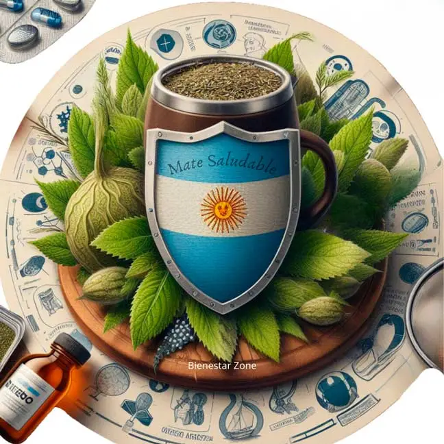 Plato blanco con símbolos médicos, plato de madera conteniendo yerba mate, mate con yerba mate con un escudo de Argentina, pastillas, medicina.