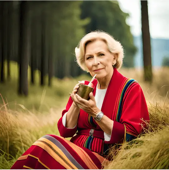 Señora sentada en un parque con el mate argentino