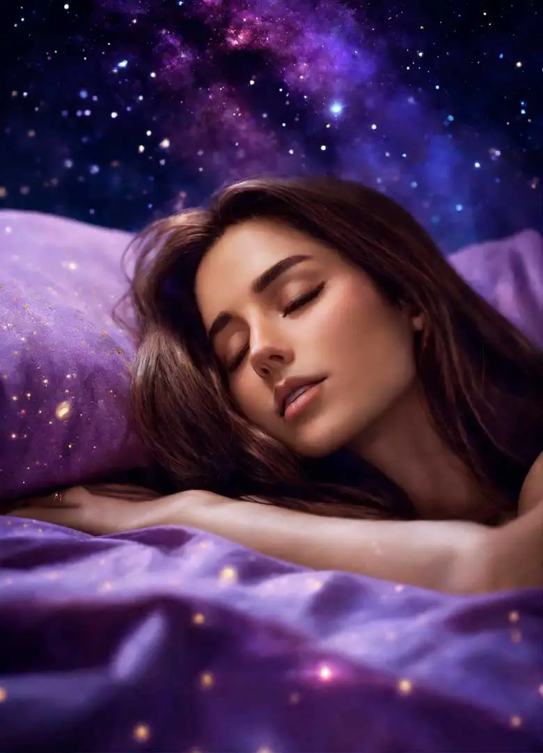 Mujer joven, cabello lacio en pleno sueño REM, durmiendo bien sobre su almohada violeta, en un universo violeta lleno de estrellas.